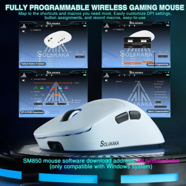 CORBOBO SOLAKAKA SM850 - Wireless Gaming Mouse - Programmable Buttons,24000 DPI Adjustable, Lightweight, Ergonomic Computer Wireless Mouse, BT5.1/2.4G/Wired, PC Gaming & Office Mice for Win/Mac/Linux