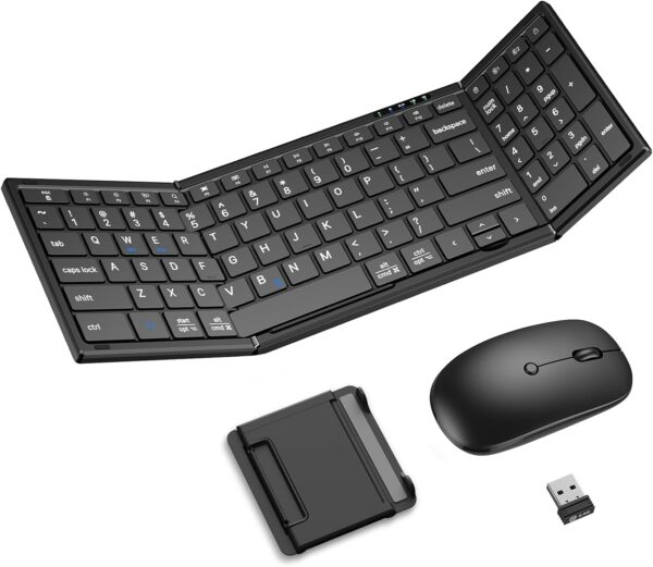 Foldable Keyboard and Mouse, Folding Bluetooth Keyboard Mouse Combo, 2.4G Wireless + Bluetooth5.1 x 2, Portable Wireless Rechargeable Travel Keyboard Mouse for Windows Android MacOS iOS