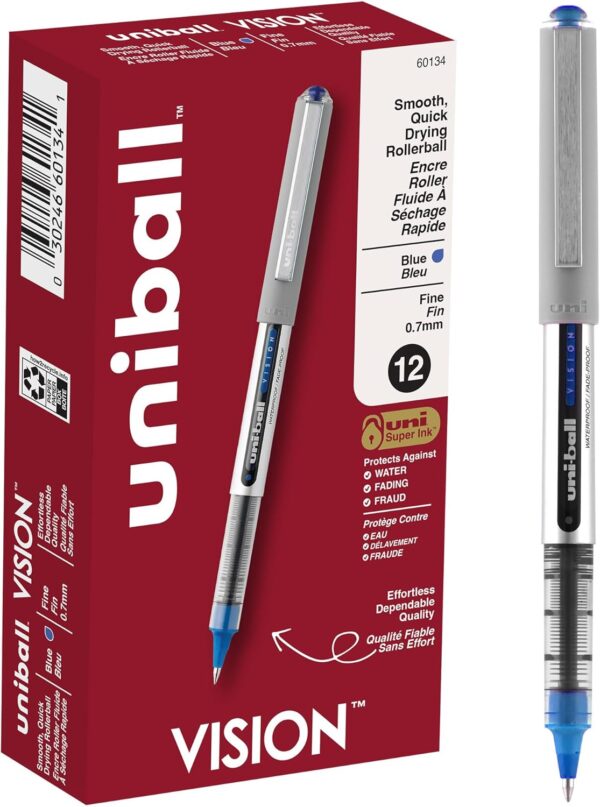 uni-ball uniball Vision Rollerball Pens with 0.7mm Fine Point, Blue, 12 Count