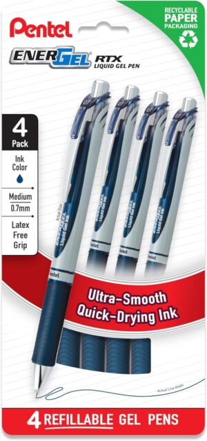 Pentel EnerGel RTX Liquid Gel Pens, Medium (0.7mm), Navy Blue Ink, 4-pk (BL77PF4CA)
