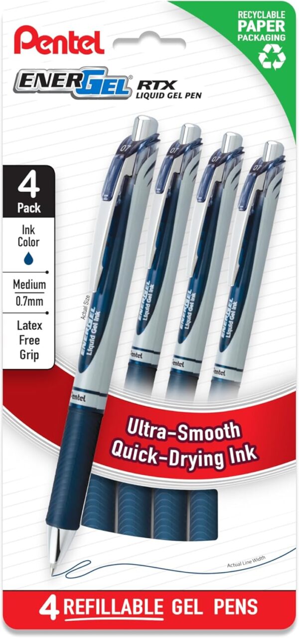 Pentel EnerGel RTX Liquid Gel Pens, Medium (0.7mm), Navy Blue Ink, 4-pk (BL77PF4CA)