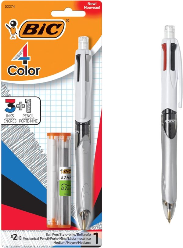 BIC 4-Color 3+1 Retractable Ballpoint Pen with Red, Blue, Black Ink and 0.7 mm Mechanical Pencil, 1-Count in Assorted Ink