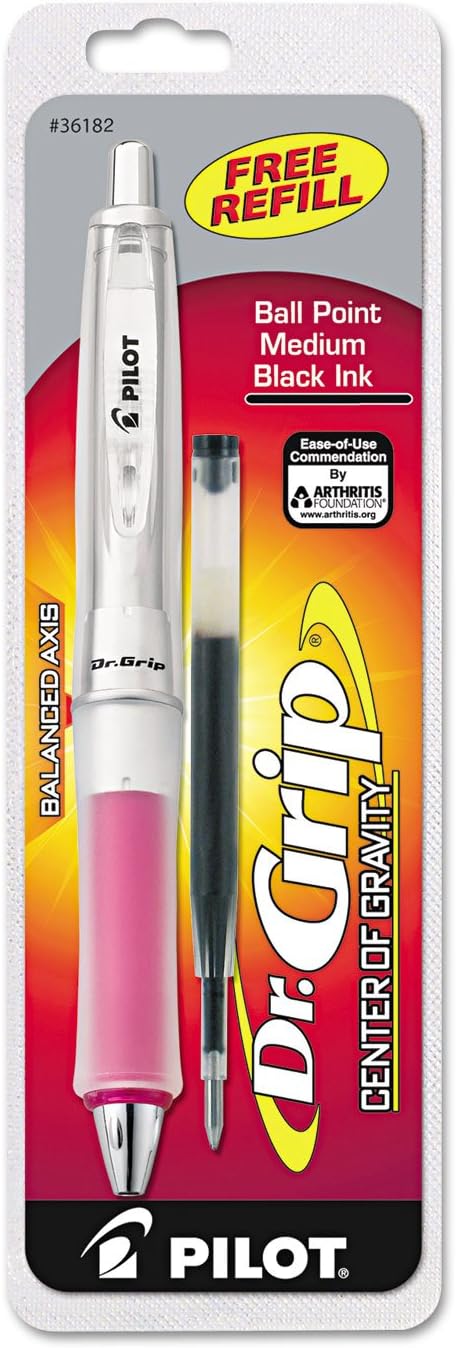 PILOT Dr. Grip Center of Gravity Refillable & Retractable Ballpoint Pen, Medium Point, Pink Grip, Black Ink, Single Pen - Ideal for School
