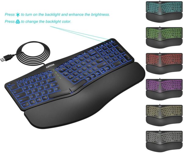 Arteck Ergonomic USB Wired Keyboard with Cushioned Wrist & Palm Rest, Backlit 7 Colors & Adjustable Brightness Comfortable Natural Split Keyboard with 6 Feet Wire for Windows Computer Desktop Laptop