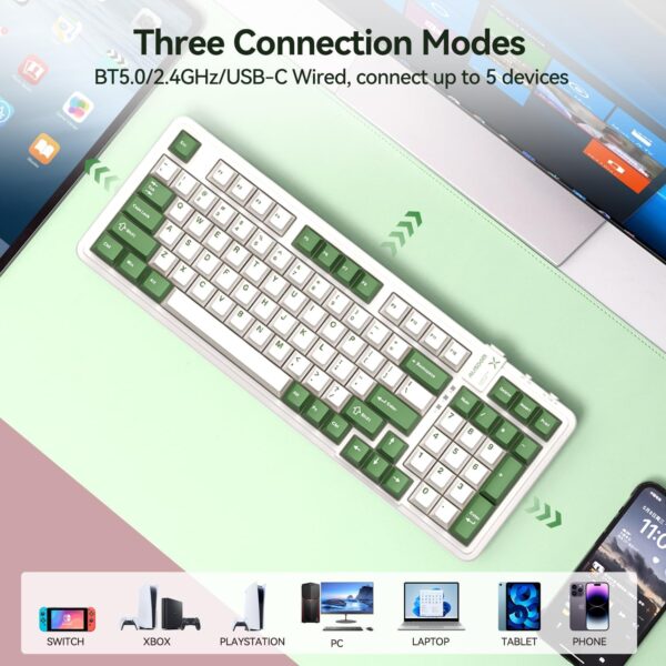 AUSDOM 98Pro Silent Mechanical Keyboard, Wireless Hot Swappable Gaming Keyboard with Backlit,Gasket Structure,Pre-lubed Tactile Switches,2.4GHz/Type-C/Bluetooth Custom Keyboards (Green & White-Silent)