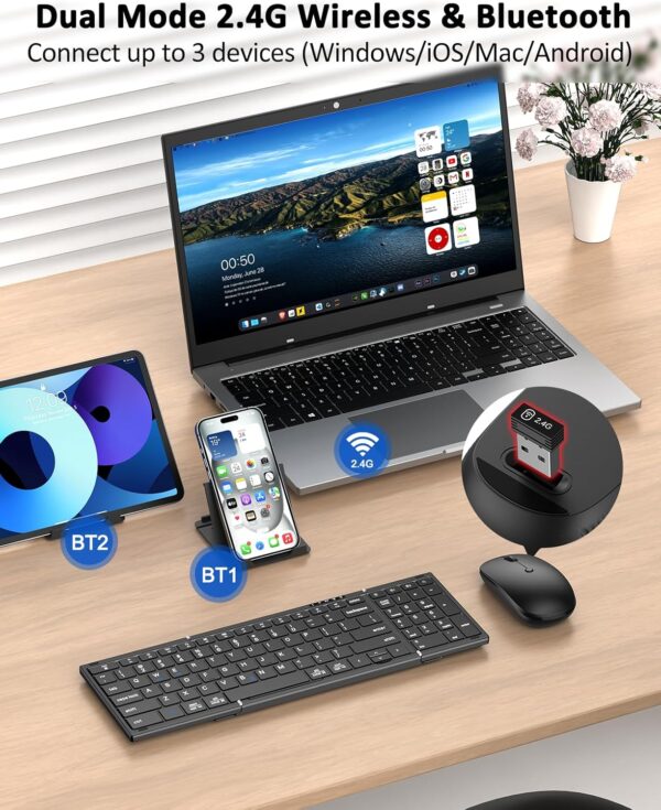 Foldable Keyboard and Mouse, Folding Bluetooth Keyboard Mouse Combo, 2.4G Wireless + Bluetooth5.1 x 2, Portable Wireless Rechargeable Travel Keyboard Mouse for Windows Android MacOS iOS