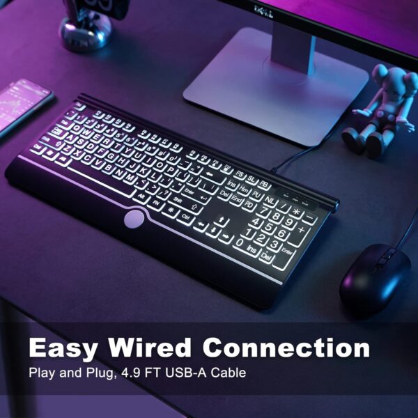 Large Print Backlit Computer Keyboard, USB Full Size Wired Keyboards with 7-Colors Backlight, Wrist Rest, Light Up Keyboard for Windows, PC, Laptop - Easy to See, Easy to Setup