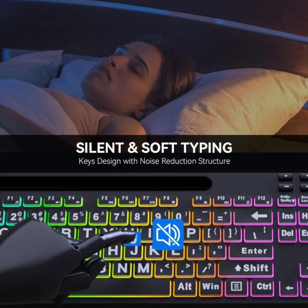 718kMCPbD9L._AC_SL1500_.jpg MARVO Large Print Backlit Keyboard, WK712 Wired Computer Keyboards with 7 Colors & 11 Modes Backlight, Tablet Phone Holder and Quiet Light Up Keys, Full-Size Gaming Keyboard for Windows, Mac