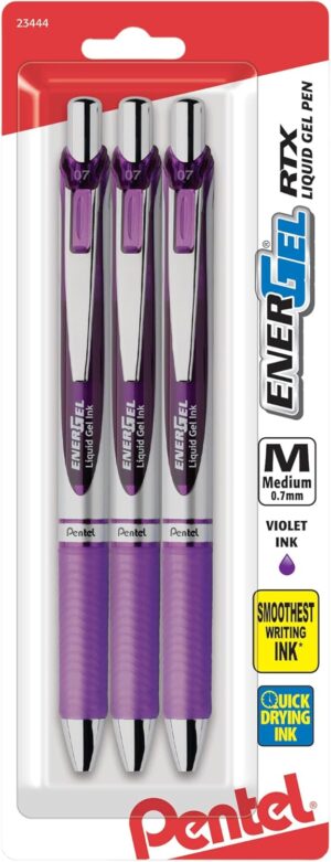 Pentel Pink BCA RTX Retractable Liquid Gel Pen, (0.7mm), Medium Line, Metal Tip, Violet Ink, Pack of 3 (BL77BP3V)