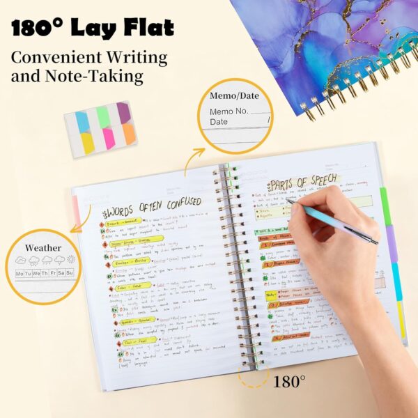 5 Subject Notebook College Ruled, A5 Spiral Notebook with Removable Pocket Dividers Tabs, Lined Organizer Notebook Journal for Women, 240 Pages Notebooks for Work School Note Taking, Purple Marble