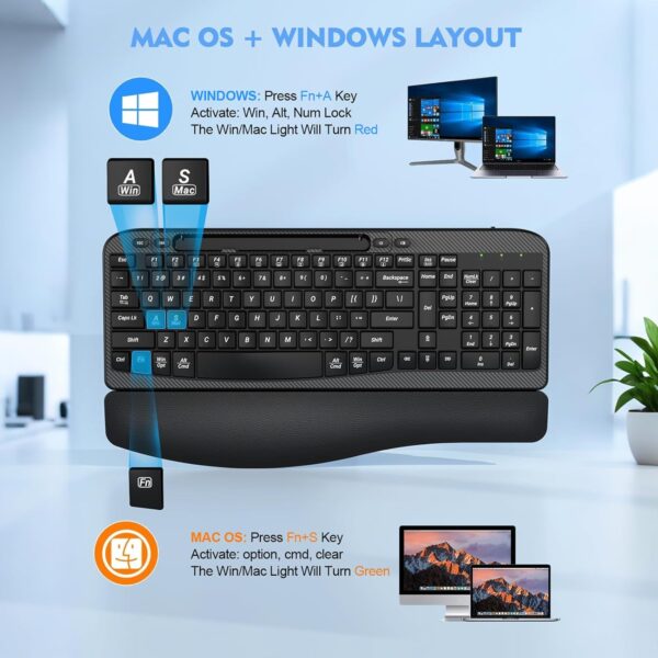 Ergonomic Wireless Keyboard with Cushioned Wrist Rest, Wave Keys, Phone Holder, Comfortable Natural Typing, 2.4GHz Full Size Cordless USB Computer Keyboard for Windows, Mac OS, Laptop, PC (Black)