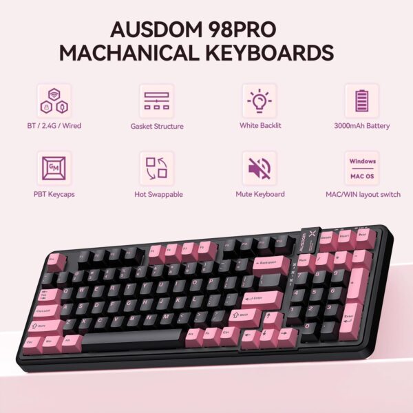 AUSDOM 98Pro Silent Wireless Mechanical Keyboard, Tri-Mode BT/2.4G/USB-C Hot Swappable Custom Quiet Keyboard with Backlit, Gasket Structure, PBT Keycaps,Pre-lubed Tactile Switches(Black & Pink-Silent)