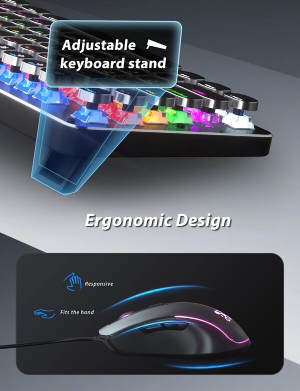 71CJlHTcC7L._AC_SL1500_.jpg Typewriter Style Mechanical Gaming Keyboard Blue Switch, Rainbow LED Backlit Wired Computer Keyboards Mouse and Pad Combo, Metal Panel Retro Punk Round Keycaps, 104 Keys Anti-Ghost for PC Laptop Gamer