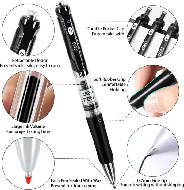 71Cs7HspmtL._AC_SL1500_.jpg deli Gel Pens, 50 Pcs Retractable Pens Black Ink, Medium Point Pen 0.7mm, Smooth Writing, Fast Dry, No Bleed for Journaling Note Taking, Home School Office Supplies