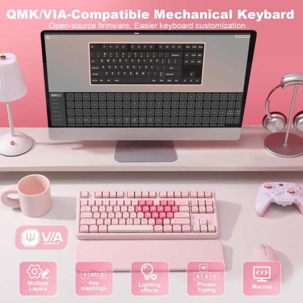 YUNZII B87 Wireless Mechanical Keyboard,QMK/VIA Programmable,TKL Layout 87 Keys,BT/2.4G/USB-C,Hot Swap Gasket Mount RGB Backlit Gaming with Wrist Rest for Win/Mac (Pink, Cocoa Cream V2)