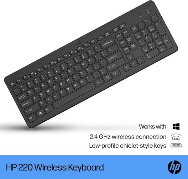71FLxfpCMlL._AC_SL1500_.jpg HP 220 Wireless Keyboard - 2.4GHz Connectivity w/Data Encryption - Low-Profile Chiclet Keys - Win/Mac - Laptop, PC Compatible - Shortcut Keys & Num Pad - LED Num, Caps, & Scroll Lock (805T2AA#ABA)