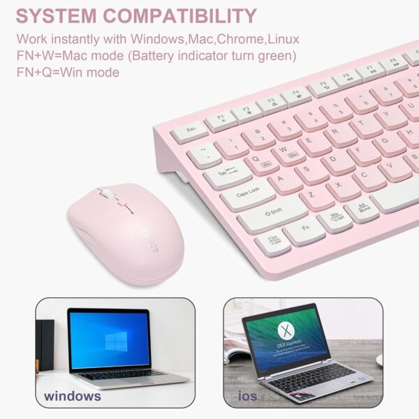 Wireless Keyboard and Mouse Combo, Reccazr 2.4G Full-Sized Keyboard and Mouse Cordless, 3 DPI Adjustable Mouse, Dual-System Keyboard for Computer/Laptop/Windows/Mac (Pink & White)