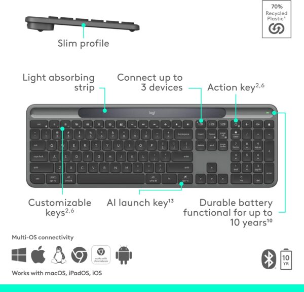 71HyGPzc2KL._AC_SL1500_.jpg Logitech Signature Slim Solar+ Wireless Bluetooth Keyboard K980, Solar and Artificial Light Powered, Up to 10 Years Battery Life, Customizable Keys - Graphite