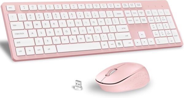 LeadsaiL Pink Wireless Keyboard and Mouse Combo, Full-Sized Ergonomic Computer LeadsaiL Pink Wireless Keyboard and Mouse Combo, Full-Sized Ergonomic Computer Keyboard, 2.4GHz Cordless Keyboard Silent Mouse Set with 2-in-1 USB Receiver, 12 FN Shortcuts for Windows Laptop, PC/Mac