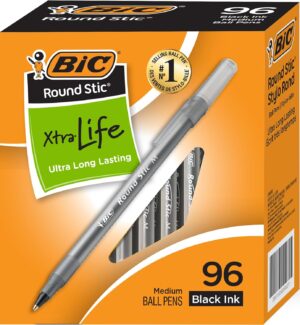 BIC Round Stic Xtra Life Ballpoint Pens - Medium Point 1.0mm, Ultra Long Lasting and Consistent Ink Flow, Bulk Pack of 96 Black Pens