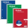Oxford 1-Subject Notebooks, School Journal, 8 x 10-1/2 Inch, Wide Rule Paper, 70 Sheets, 3-Hole Punch, 3 Pack, Red, Blue, Green, Color Assortment May Vary (65029)