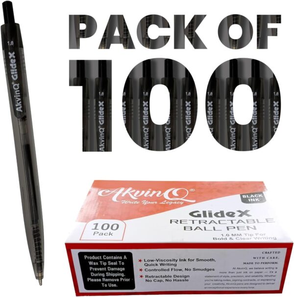 AKVINQ® GlideX Retractable Ballpoint Pens – Black Ink – 1.0 mm Bold Tip – Smooth Writing, Quick Dry, Low-viscosity ink, No Smudge – 100 Pens Bulk Pack for Office & School Supplies