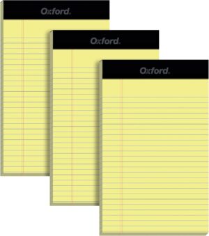 Oxford 5 x 8 Inch Legal Pads, 3 Pack, Narrow Ruled on Both Sides, Canary Yellow Paper, 50 Perforated Sheets Per Writing Pad, Proudly Made in the USA (1017033)