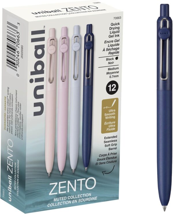 uniball Zento Liquid Gel Ink Retractable Pens, Medium Point (0.7mm), Muted Barrels, Black Ink, Dozen