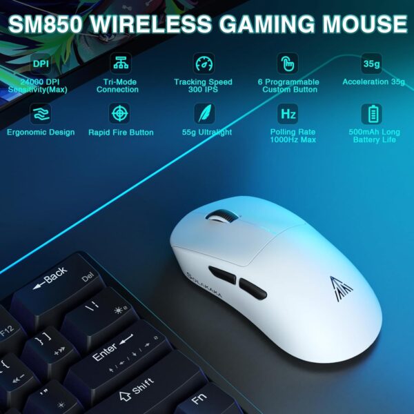 CORBOBO SOLAKAKA SM850 - Wireless Gaming Mouse - Programmable Buttons,24000 DPI Adjustable, Lightweight, Ergonomic Computer Wireless Mouse, BT5.1/2.4G/Wired, PC Gaming & Office Mice for Win/Mac/Linux