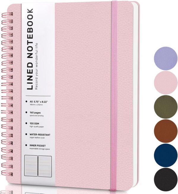 Lined Spiral Journal Notebook, A5 Hardcover Leather Notebook for Work, 5.7''×8.2'', 100GSM Thick Paper Spiral Bound Journaling Notebooks for Women & Men Office School Note Taking Business, Pink