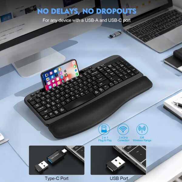 Ergonomic Wireless Keyboard with Cushioned Wrist Rest, Wave Keys, Phone Holder, Comfortable Natural Typing, 2.4GHz Full Size Cordless USB Computer Keyboard for Windows, Mac OS, Laptop, PC (Black)
