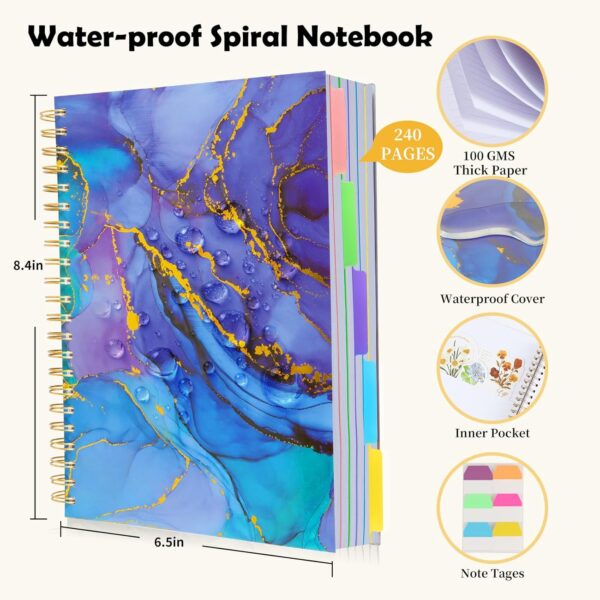 5 Subject Notebook College Ruled, A5 Spiral Notebook with Removable Pocket Dividers Tabs, Lined Organizer Notebook Journal for Women, 240 Pages Notebooks for Work School Note Taking, Purple Marble