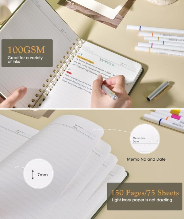 71Q6wJ4BHFL._AC_SL1500_.jpg Lined Spiral Journal Notebook, A5 Hardcover Spiral Journals for Women Men, 150 Numbered Pages Spiral Bound Notebook, 100 GSM College Ruled Notebooks for Work, Note Taking 5.75" x 8.38", Olive Green