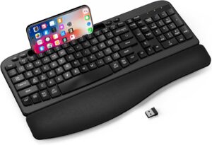 Ergonomic Wireless Keyboard with Cushioned Wrist Rest, Wave Keys, Phone Holder, Comfortable Natural Typing, 2.4GHz Full Size Cordless USB Computer Keyboard for Windows, Mac OS, Laptop, PC (Black)