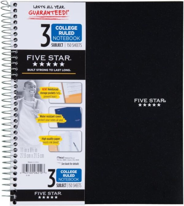 Five Star 06210 Wirebound 3-Subject Notebook, College Rule, 11 x 8 1/2, 150 Sheets, Assorted