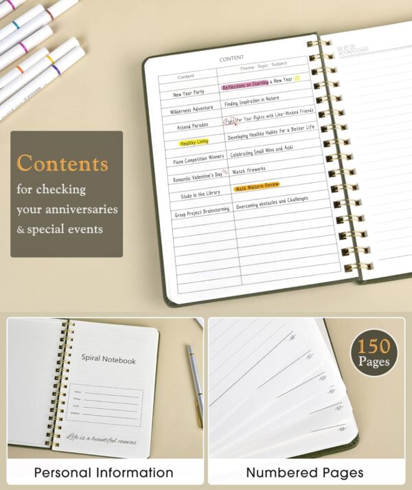 71Qt9JC8P5L._AC_SL1500_.jpg Lined Spiral Journal Notebook, A5 Hardcover Spiral Journals for Women Men, 150 Numbered Pages Spiral Bound Notebook, 100 GSM College Ruled Notebooks for Work, Note Taking 5.75" x 8.38", Olive Green