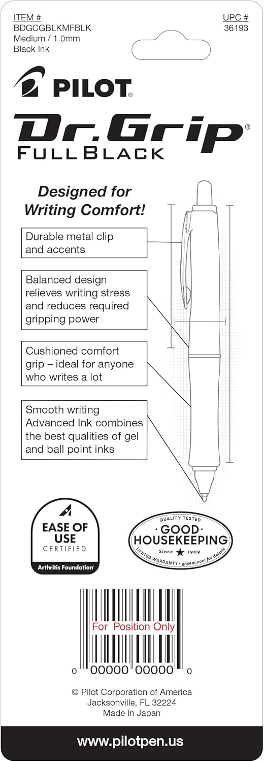 PILOT Dr. Grip FullBlack Refillable & Retractable Ballpoint Pen, Medium Point, Black Ink, Single Pen (36193)- Ideal for School, Journaling & Office Writing