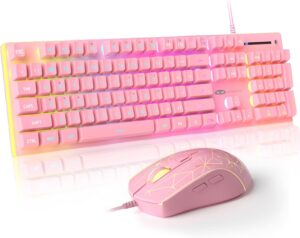 MageGee GT838 Gaming Keyboard and Mouse Combo, 104 Keys RGB Backlit Quiet Wired Keyboards for Laptop PC MAC, with Number Pad, Metal Panel, Anti-Ghosting, Pink