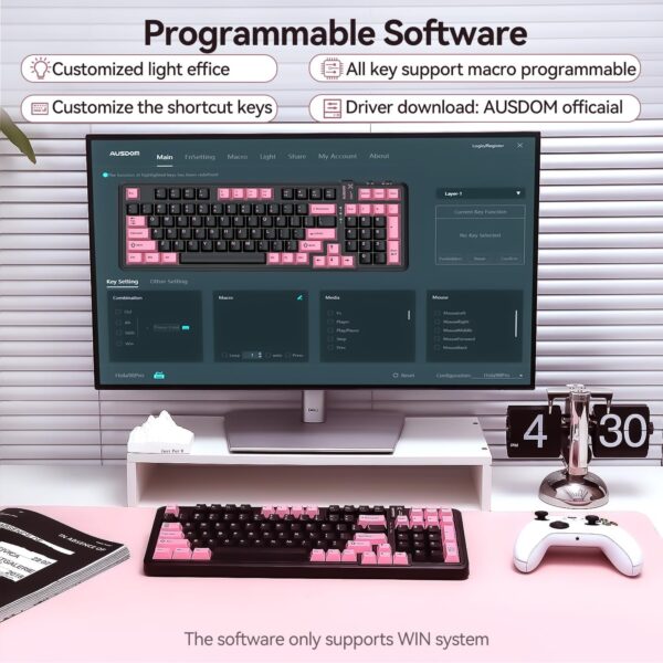 AUSDOM 98Pro Silent Wireless Mechanical Keyboard, Tri-Mode BT/2.4G/USB-C Hot Swappable Custom Quiet Keyboard with Backlit, Gasket Structure, PBT Keycaps,Pre-lubed Tactile Switches(Black & Pink-Silent)