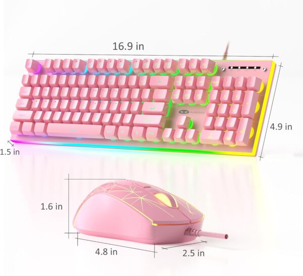 MageGee GT838 Gaming Keyboard and Mouse Combo, 104 Keys RGB Backlit Quiet Wired Keyboards for Laptop PC MAC, with Number Pad, Metal Panel, Anti-Ghosting, Pink