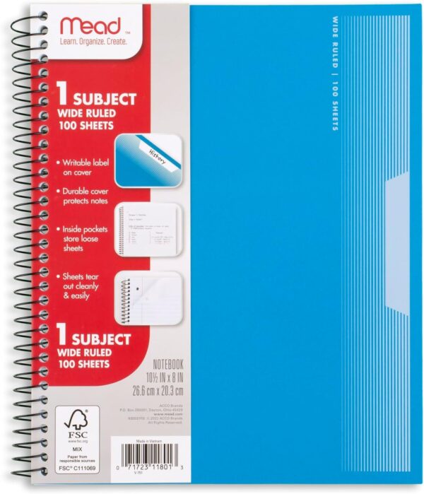 71Vj7T1OqDL._AC_SL1500_.jpg Mead Spiral Notebooks, 1 Subject, Wide Ruled Paper, 8" x 10-1/2", 100 Sheets, Assorted Colors, 5 Pack (930093)