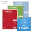 Oxford 1-Subject Notebooks, School Journal, 8 x 10-1/2 Inch, Wide Rule Paper, 70 Sheets, 3-Hole Punch, 3 Pack, Red, Blue, Green, Color Assortment May Vary (65029)