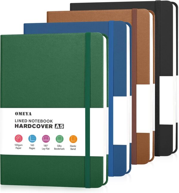 OMEYA 4 Pack Lined Journal Notebooks for Work, 100gsm Thick OMEYA 4 Pack Lined Journal Notebooks for Work, 100gsm Thick Paper, 5.7"x 8.3", College Ruled A5 Notebook Bulk, Leather Journal for Writing, Hardcover Notebooks for School, Office, Journal for Men