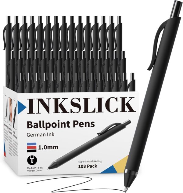 InkSlick 108 Pack Black Pens - Bulk Pens 1.0mm Medium Point Ballpoint Pens Smooth Writing No Bleed Retractable Black Ink Pen