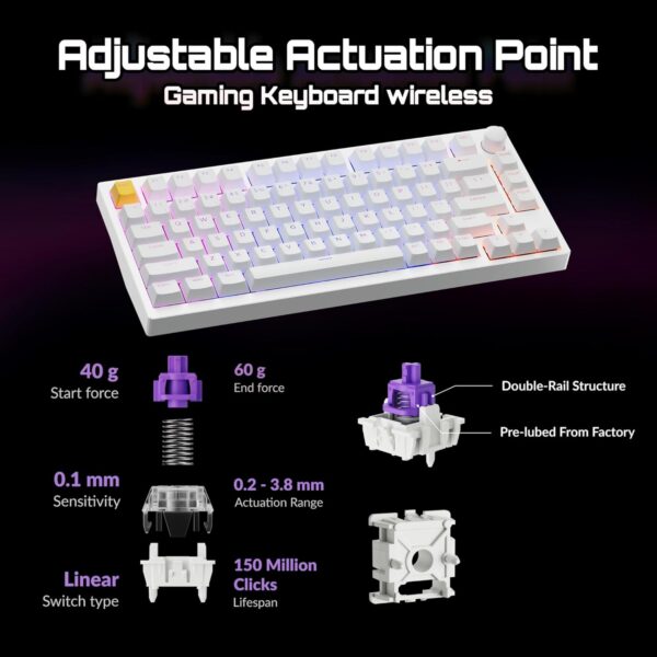 LEMOKEY P1 HE 75% Wireless Custom Mechanical Gaming Keyboard with Gateron Double-Rail Magnetic Switches Knob Version, QMK 2.4 GHz Bluetooth 5.2 RGB Backlight Compatible with Mac Windows Linux-White