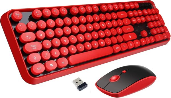 Wireless Keyboard and Mouse Combo, Retro Typewriter Style Red Keyboard with 104 Round Keys, Cute Bubble Round Keycaps, 2.4GHz Clicky Creamy Sounding Keyboard & 3 DPI Mouse for PC Laptop Desktop Gaming