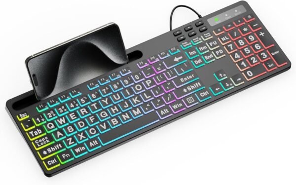 MARVO Large Print Backlit Keyboard, WK712 Wired Computer Keyboards with MARVO Large Print Backlit Keyboard, WK712 Wired Computer Keyboards with 7 Colors & 11 Modes Backlight, Tablet Phone Holder and Quiet Light Up Keys, Full-Size Gaming Keyboard for Windows, Mac