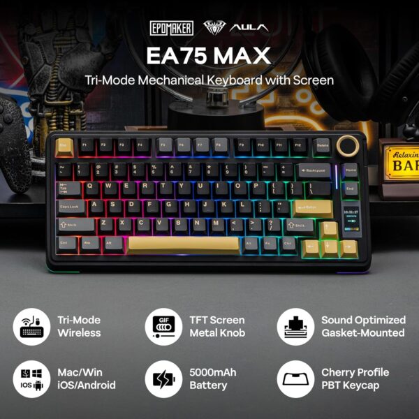 71bv6m9foCL._AC_SL1500_.jpg EPOMAKER X Aula EA75 MAX Wireless Gaming Keyboard with Screen & Knob, 5000mAh, Hot-Swap, Lubed Switches, RGB Backlit, Creamy Gasket, 75% Mechanical Keyboard (Black, Reaper Switch)