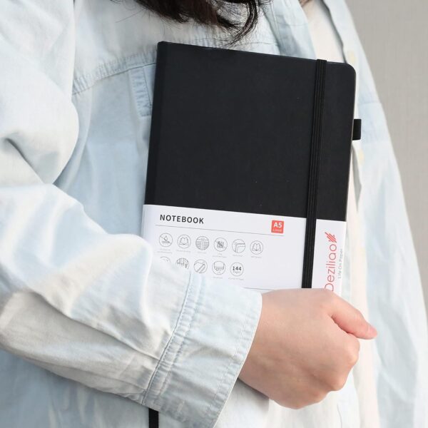 71cKMxDzUzS._AC_SL1500_.jpg Deziliao Lined Journal Notebooks with Pen Loop, Hardcover Notebook Journal for Work, 100Gsm Premium Thick Paper with Inner Pocket, Medium 5.7"x8.4", (Black, Ruled)