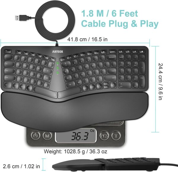 Arteck Ergonomic USB Wired Keyboard with Cushioned Wrist & Palm Rest, Backlit 7 Colors & Adjustable Brightness Comfortable Natural Split Keyboard with 6 Feet Wire for Windows Computer Desktop Laptop